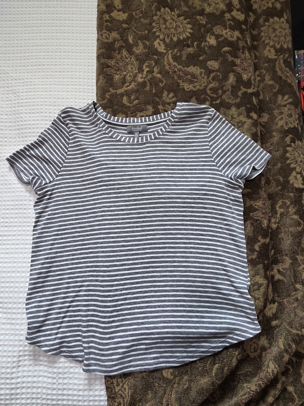 Basic Editions Gray & White Striped Short Sleeve Crew Tee